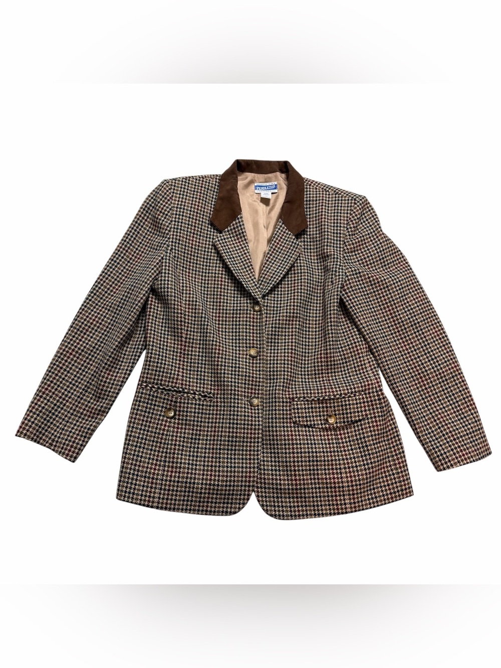 Vintage Pendleton Knockabout Womens Virgin Wool Tan Houndstooth Blazer- Size 14